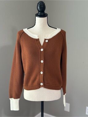 Japna Burnt Foxy Orange Cropped Fisherman Knitted Cardigan with Cream Trim